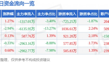 股票行情快报：鹏辉能源（300438）3月14日主力资金净卖出1317.01万元