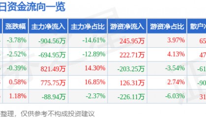 股票行情快报:博汇纸业(600966)1月3日主力资金净卖出904.56万元