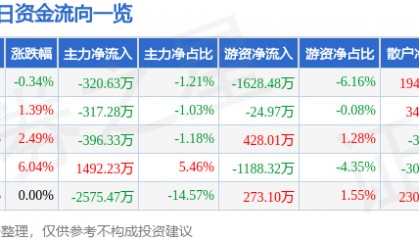 股票行情快报:文峰股份(601010)2月13日主力资金净卖出320.63万元