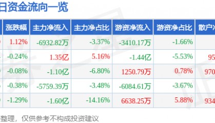 股票行情快报：中微公司（688012）8月15日主力资金净卖出6932.82万元