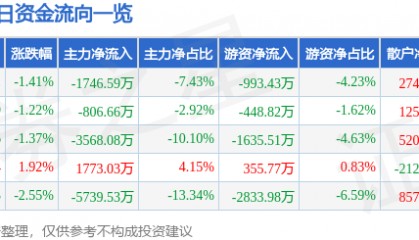 股票行情快报：兄弟科技（002562）7月31日主力资金净卖出1746.59万元