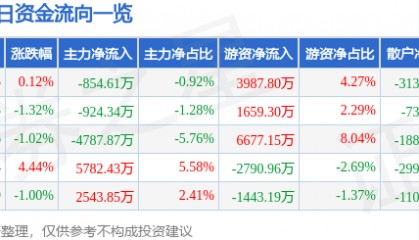 股票行情快报：永太科技（002326）10月10日主力资金净卖出854.61万元
