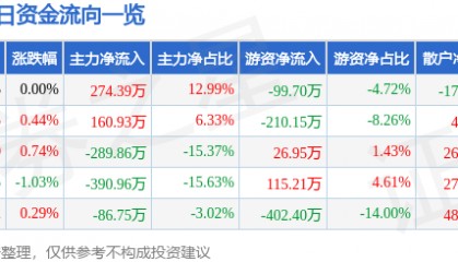 股票行情快报：双箭股份（002381）7月9日主力资金净买入274.39万元