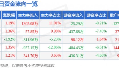 股票行情快报：石化机械（000852）9月11日主力资金净买入1305.08万元