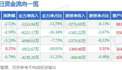 股票行情快报：鹏辉能源（300438）12月17日主力资金净卖出5553.84万元