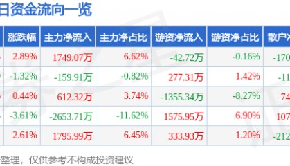 股票行情快报：兄弟科技（002562）6月3日主力资金净买入1749.07万元