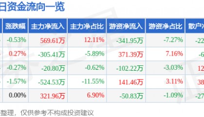 股票行情快报:山西焦化(600740)2月21日主力资金净买入569.61万元