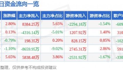 股票行情快报：鹏辉能源（300438）2月27日主力资金净买入8384.25万元