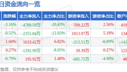 股票行情快报:海南瑞泽(002596)8月27日主力资金净卖出4789.59万元