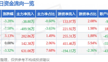 股票行情快报：华天酒店（000428）1月6日主力资金净卖出38.80万元