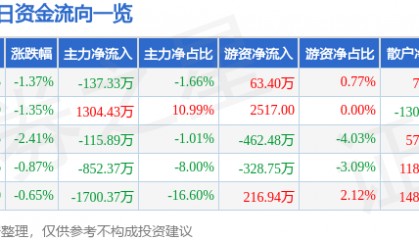 股票行情快报：兄弟科技（002562）6月20日主力资金净卖出137.33万元