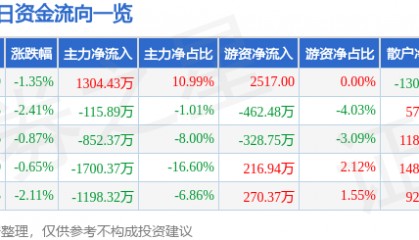 股票行情快报：兄弟科技（002562）6月19日主力资金净买入1304.43万元