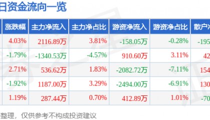 股票行情快报:鼎龙股份(300054)11月29日主力资金净买入2116.89万元