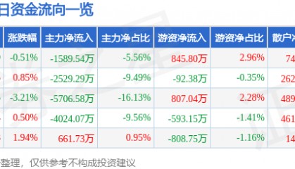股票行情快报:海立股份(600619)5月13日主力资金净卖出1589.54万元