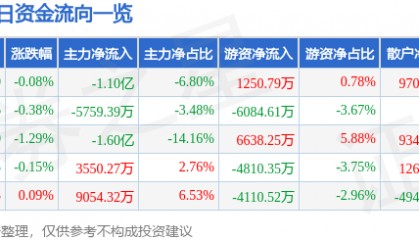 股票行情快报：中微公司（688012）8月13日主力资金净卖出1.10亿元