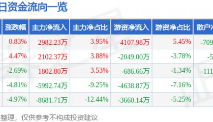 股票行情快报:鼎龙股份(300054)11月20日主力资金净买入2982.23万元