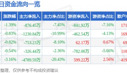 股票行情快报:海南瑞泽(002596)9月2日主力资金净卖出876.45万元