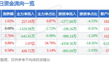 股票行情快报:三峡新材(600293)12月11日主力资金净买入257.19万元
