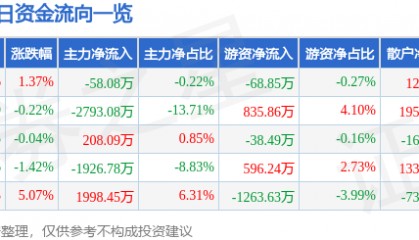 股票行情快报：鹏辉能源（300438）1月20日主力资金净卖出58.08万元