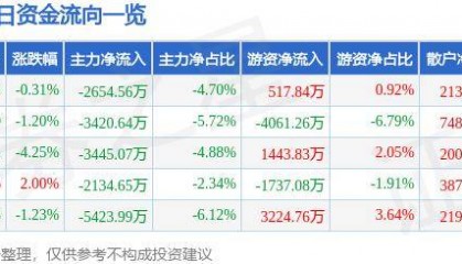 股票行情快报:鼎龙股份(300054)10月17日主力资金净卖出2654.56万元