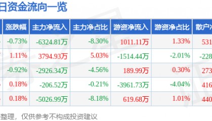 股票行情快报：岩山科技（002195）7月9日主力资金净卖出6324.81万元
