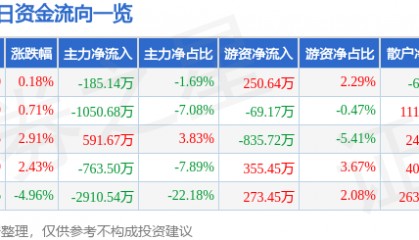 股票行情快报：瑞丰光电（300241）2月24日主力资金净卖出185.14万元