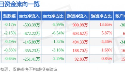 股票行情快报：上海凯宝（300039）4月29日主力资金净卖出593.39万元
