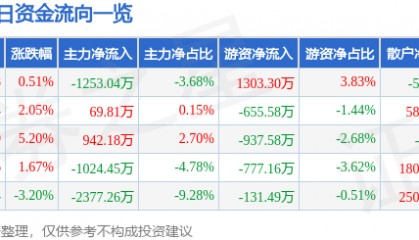 股票行情快报：鹏辉能源（300438）2月10日主力资金净卖出1253.04万元