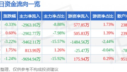 股票行情快报：鹏辉能源（300438）3月11日主力资金净卖出2963.16万元