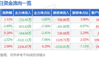 股票行情快报:凌云股份(600480)11月27日主力资金净卖出751.91万元