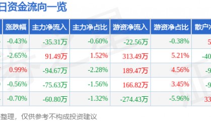 股票行情快报：双箭股份（002381）8月28日主力资金净卖出35.31万元