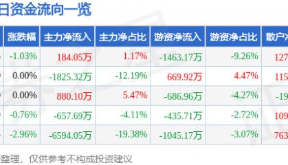股票行情快报:海南瑞泽(002596)8月6日主力资金净买入184.05万元