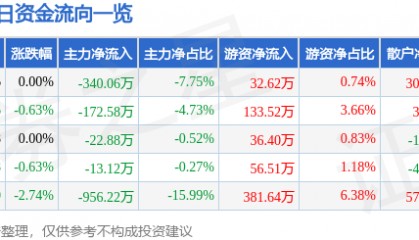 股票行情快报:三峡新材(600293)2月5日主力资金净卖出340.06万元