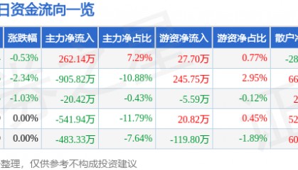 股票行情快报:山西焦化(600740)1月9日主力资金净买入262.14万元