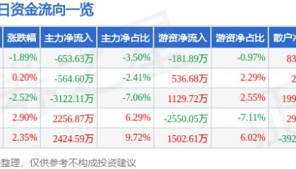 股票行情快报:凌云股份(600480)11月26日主力资金净卖出653.63万元