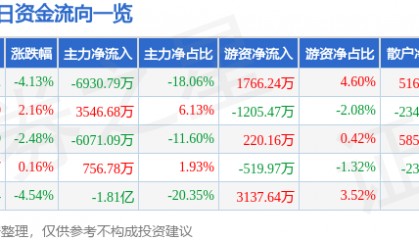 股票行情快报:荣科科技(300290)3月24日主力资金净卖出6930.79万元
