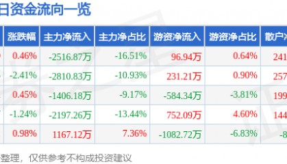 股票行情快报:海立股份(600619)6月11日主力资金净卖出2516.87万元
