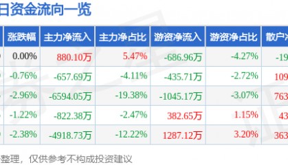 股票行情快报:海南瑞泽(002596)8月4日主力资金净买入880.10万元