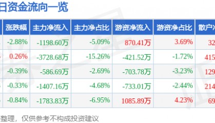 股票行情快报：中科电气（300035）12月13日主力资金净卖出1198.60万元