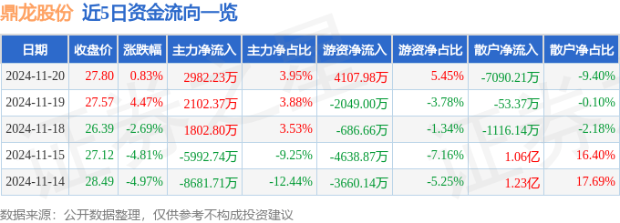股票行情快报：鼎龙股份（300054）11月20日主力资金净买入2982.23万元