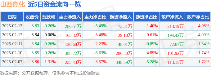 股票行情快报：山西焦化（600740）2月13日主力资金净卖出286.51万元