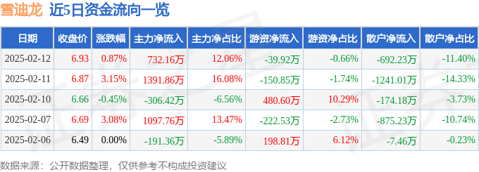 股票行情快报：雪迪龙（002658）2月12日主力资金净买入732.16万元