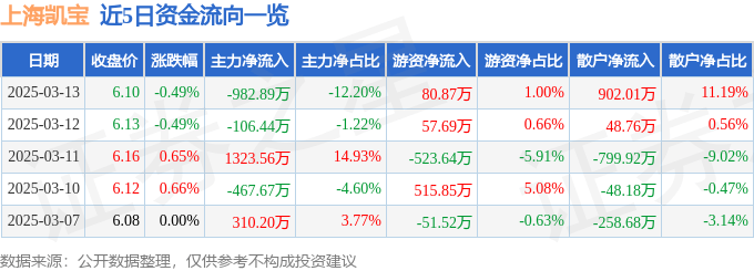 股票行情快报：上海凯宝（300039）3月13日主力资金净卖出982.89万元