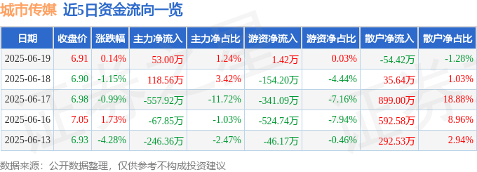 股票行情快报：城市传媒（600229）6月19日主力资金净买入53.00万元