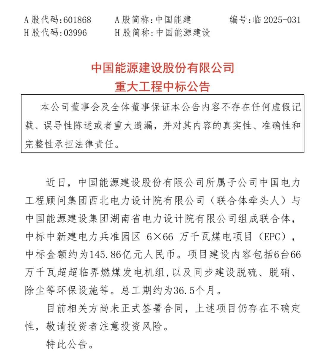 中国能建，中标146亿！