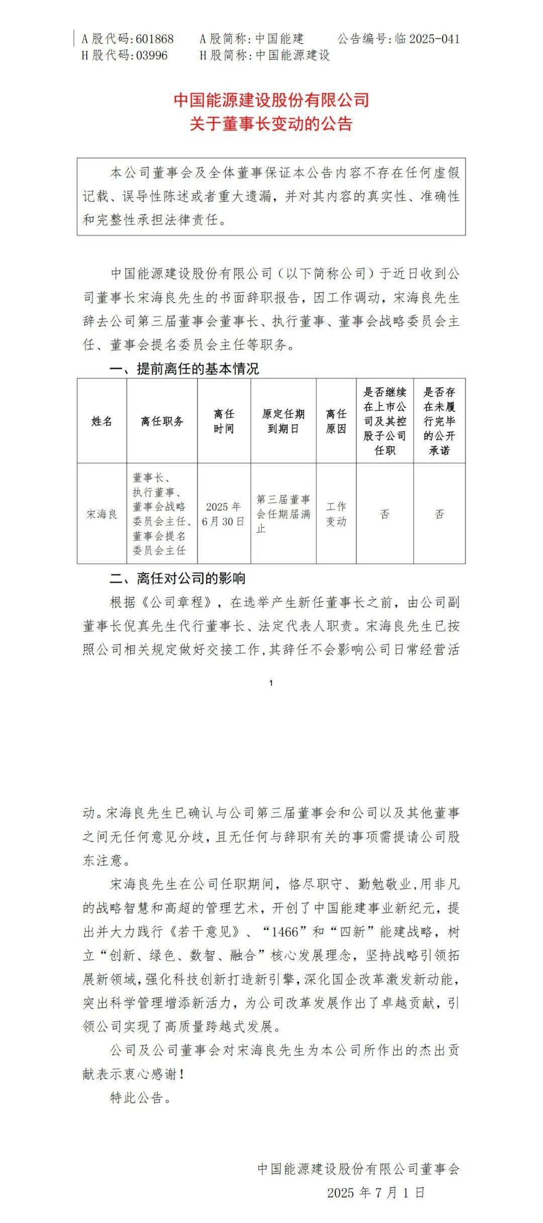中国能建：倪真代行董事长职责