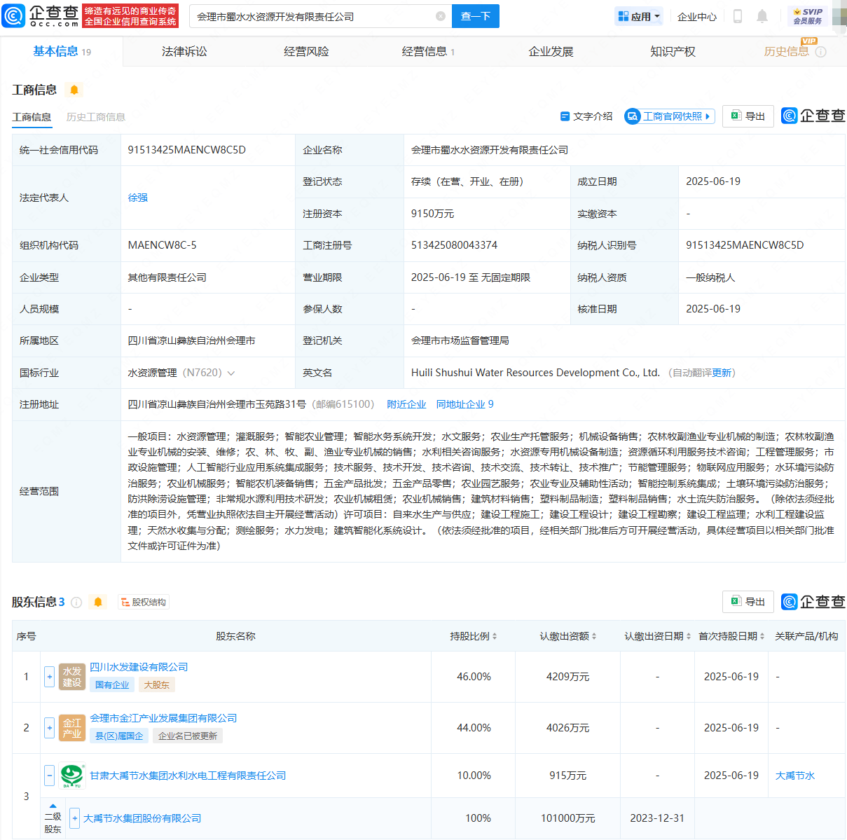 大禹节水等投资成立水资源开发公司