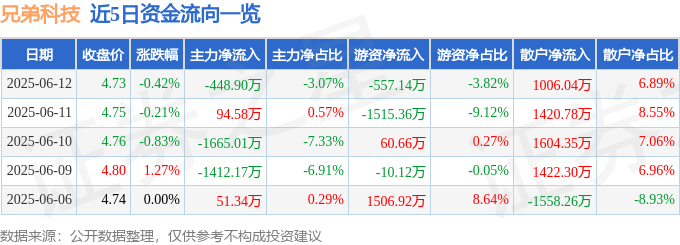 股票行情快报:兄弟科技(002562)6月12日主力资金净卖出448.90万元