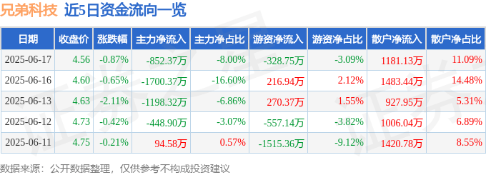 股票行情快报：兄弟科技（002562）6月17日主力资金净卖出852.37万元