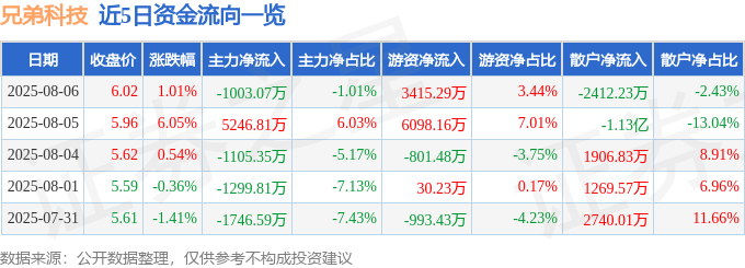 股票行情快报:兄弟科技(002562)8月6日主力资金净卖出1003.07万元